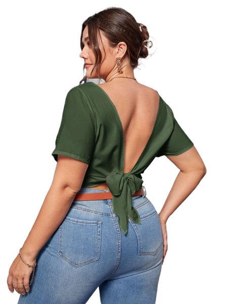 

plus v back self-tie crop blouse 18s1#, Black