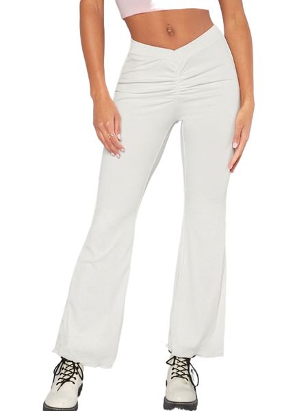 

solid ruched flare leg pants c79m#, Black;white