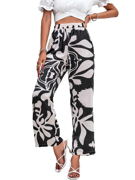 

plants print wide leg pants q1ih#, Black;white