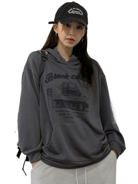 

dazy letter & building print kangaroo pocket drop shoulder hoodie 605f#, Black