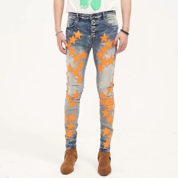 

designer jeans for men slim fit high street trousers with pocket full star patchwork ripped hole knee boys blue pants pour hommes big yards