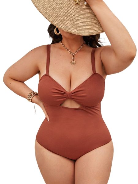 

plus plain rib cut-out one piece swimsuit w7wz#, White;black