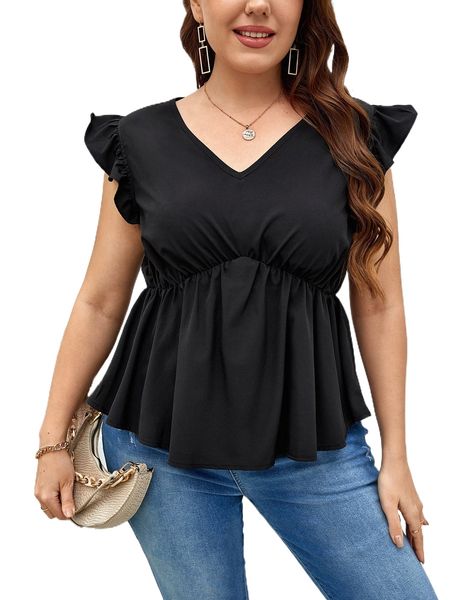 

plus butterfly sleeve peplum blouse p1ol#, Black