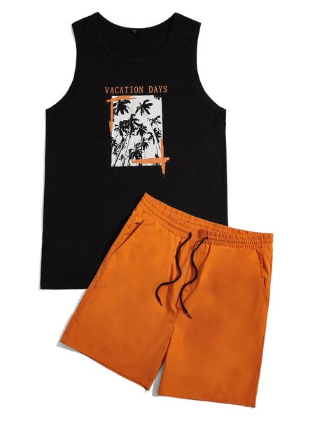 

men letter graphic tank & drawstring shorts set 4633#, Gray