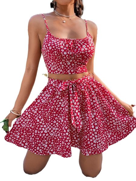 

floral print ruched bust shirred back crop cami & belted skirt 584l#, White