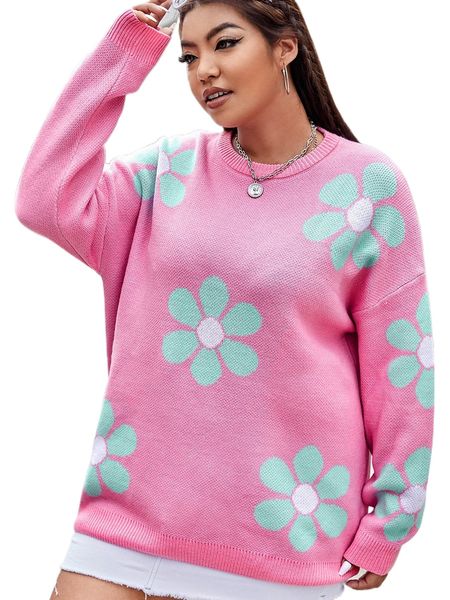 

plus floral pattern drop shoulder sweater k7ag#, Black