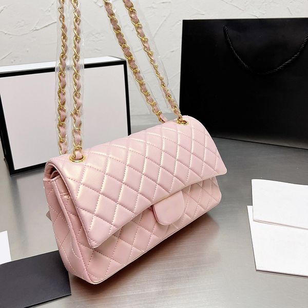

26cm iridescent pink white double flap bags classic quilted gold/silver metal hardware matelasse chain crossbody shoulder luxury designer to