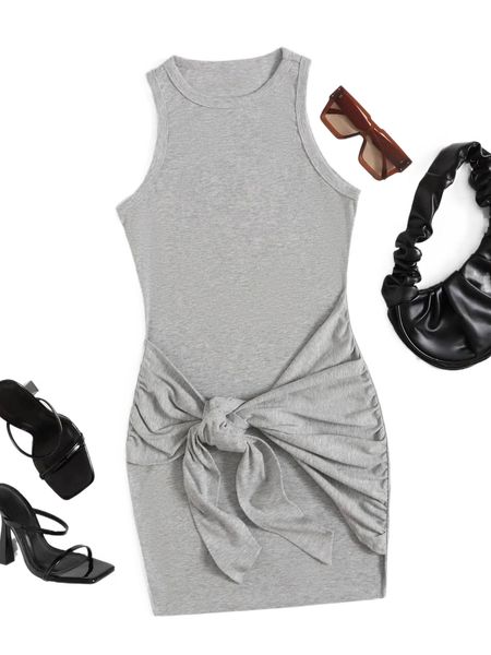 

ruched tie front solid bodycon dress x9jc#, Black;gray