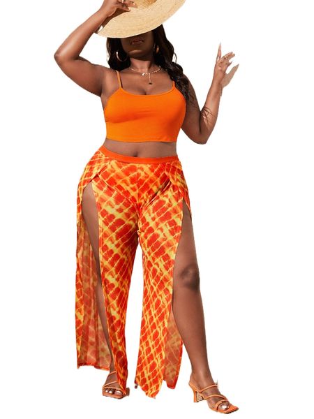 

x agata plus crop mesh cami & tie dye split thigh pants 93aa#, Black