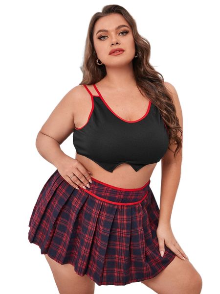 

plus tartan contrast binding school girl costume set v3cz#, Black;white