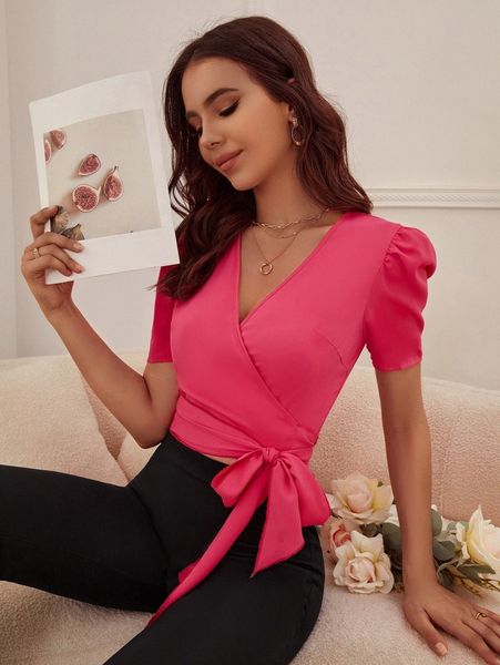 

puff sleeve wrap knot side crop blouse n1kc#, White