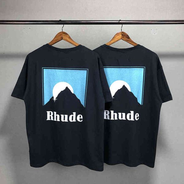 

high designer 1ss quality rhude t-shirt 1 1 snow mountain snake printed street men and women short sleeve streetwear high-quality, White;black