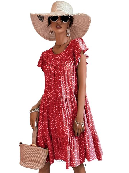 

dalmatian print flutter sleeve ruffle hem smock dress i3hg#, Black;gray