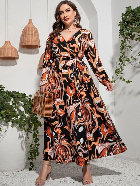 

plus allover print belted dress l0kg#, Black