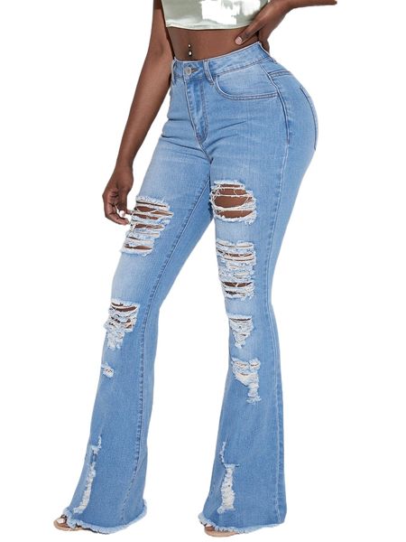 

sxy ladder distressed raw trim flare leg jeans 633z#, Blue