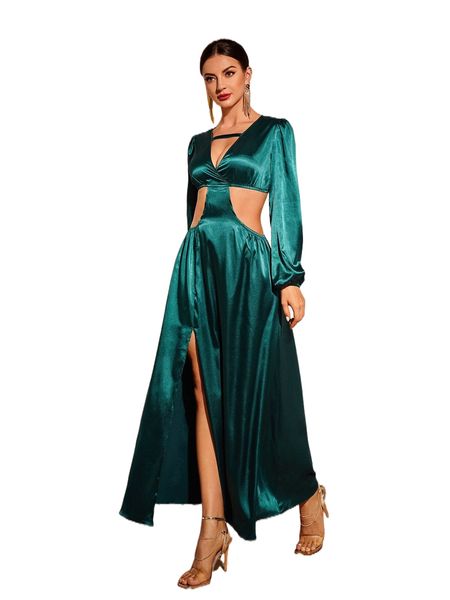 

plunging neck cut out split thigh dress q7ze#, Black;gray