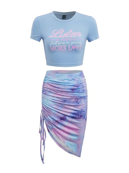 

slogan graphic tee & drawstring waist skirt l2pb#, White