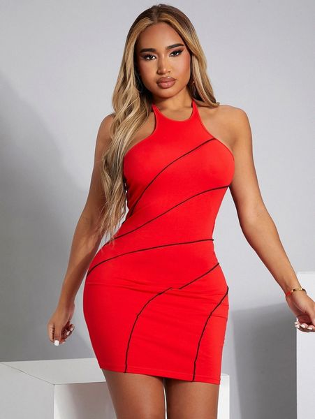 

sxy open back contrast piping halter dress 43nj#, Black;gray