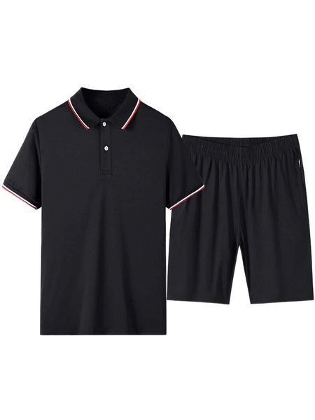 

men striped trim polo shirt & shorts x6rx#, Gray