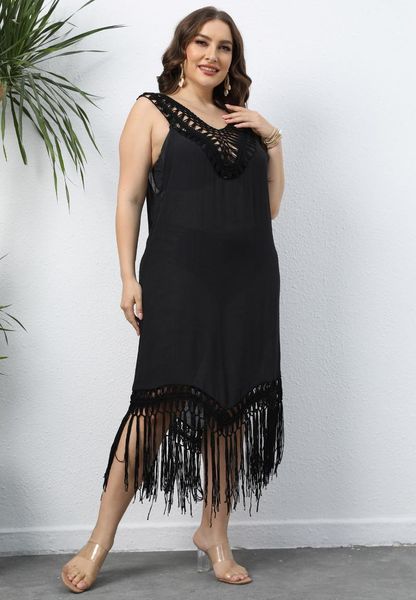 Praia de roupas de banho feminina no verão do vestido de estilo 2022 Sexy Big Yards Deep V Hook Hand Hook Tassel Splicing Dresswomen Long Dresswomen's