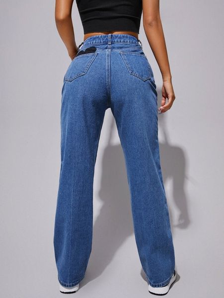 

medium washed straight leg jeans s30z#, Blue