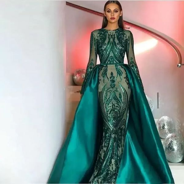 Emerld verde mangas compridas lace sereia vestidos de noite 2022 lantejoulas cintilantes ruched com overskirt removível dubai festa formal comprimento de chão vestidos pro232