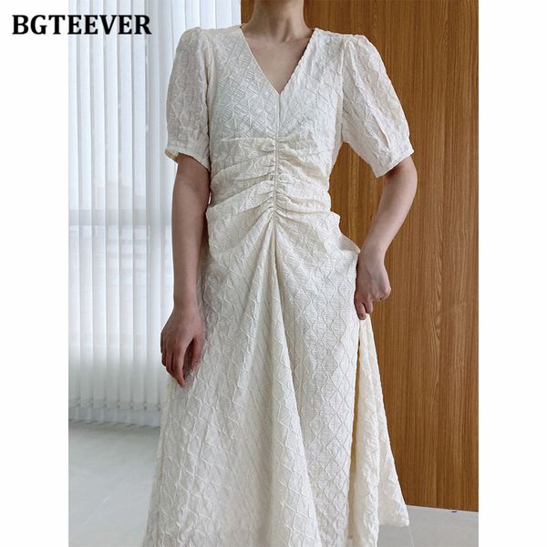 

elegant v-neck ruched women dress puff short sleeve female a-line dress 2021 summer vintage slim waist ladies vestidos, Black;gray