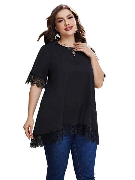 

plus solid contrast lace blouse d0gc#, Black