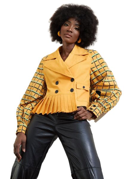 

x momi-ko plaid print pleated hem jacket 71xu#, Black;brown