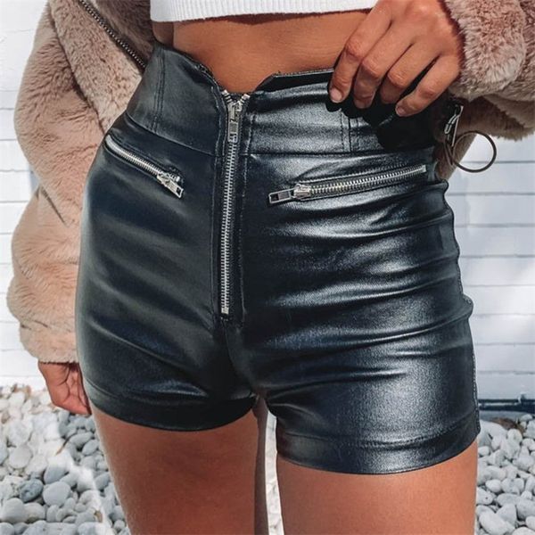 

skinny black pu casual summer shorts women clothing goth faux leather high waisted ladies zipper moto bike pants y2k 220602, White;black