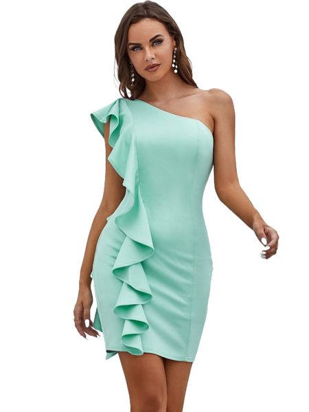 

one shoulder ruffle trim bodycon dress c1x6#, Black;gray