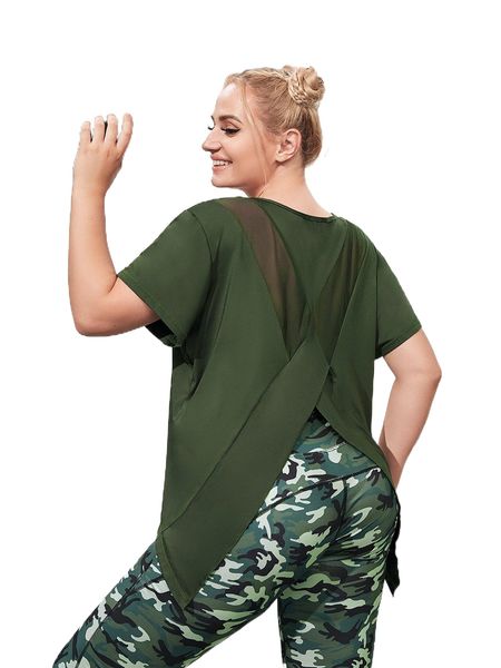 

plus breathable softness mesh insert asymmetrical hem sports tee p70k#, Black