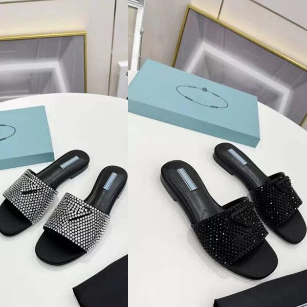 

spring 2022 new crystal diamond slippers iconic triangular logo square head high-heeled women shoes size 35-42 with box and dust bags, Black