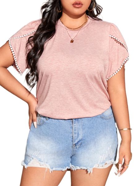 

plus guipure lace petal sleeve tee y9yu#, Black