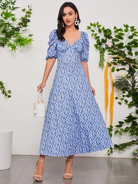 

ditsy floral sweetheart neck puff sleeve bustier dress 21rd#, Black;gray