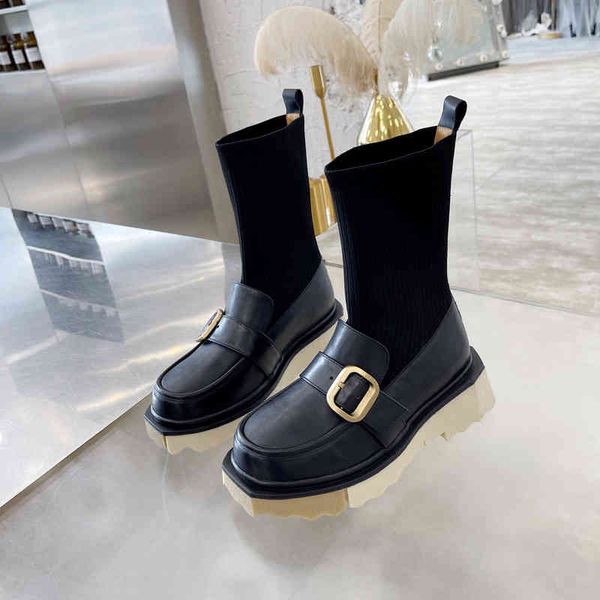 

boots autumn fashion leffer shoes thick bottom wool socks boots women's round head heel trendy girl elastic short, Black