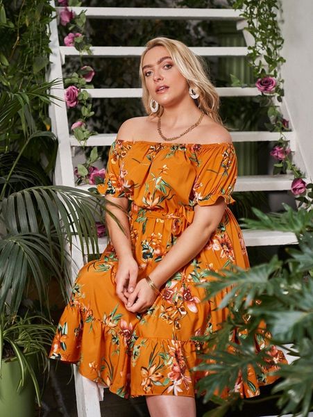 

plus floral print puff sleeve belted ruffle hem dress e7te#, Black