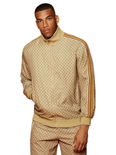 

men allover print contrast striped tape side zipper jacket q9ip#, Black;brown