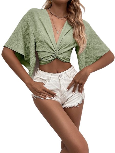 

deep v neck twist front tie back drop shoulder crop blouse p7l3#, White