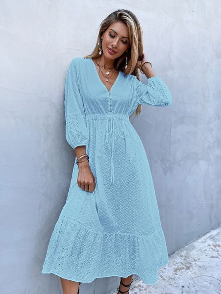 

eyelet embroidery drawstring waist ruffle hem dress r6wg#, Black;gray