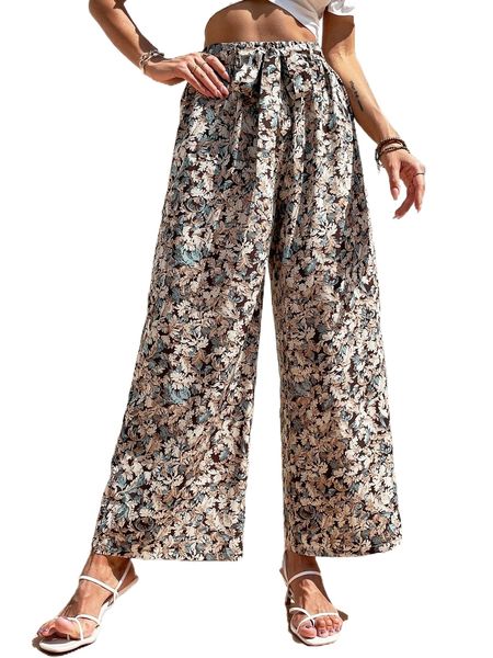 

leaf print belted wide leg pants f6tp#, Black;white