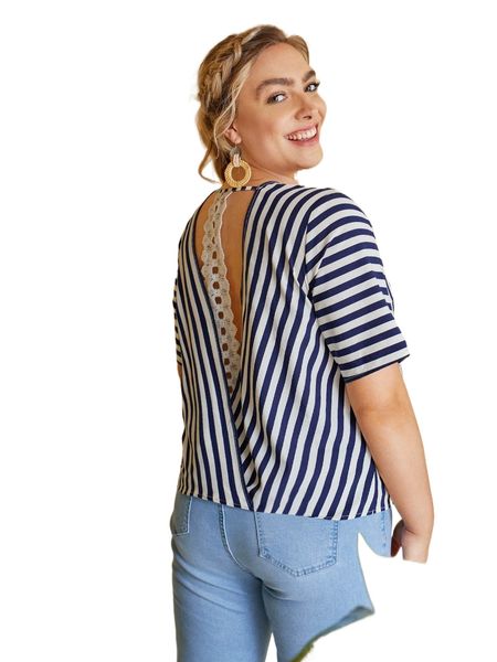 

plus guipure lace cut out back striped u32b#, Black