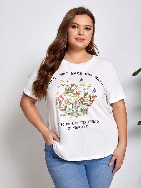 

plus floral & slogan graphic tee r1lo#, Black