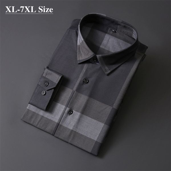 

brand men's business casual shirts autumn fashion long sleeve gray plaid loose shirt work dress plus size 5xl 6xl 7xl 210331, White;black