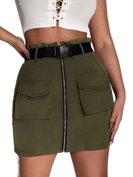 

sxy zip front flap pocket belted skirt i9r6#, Black