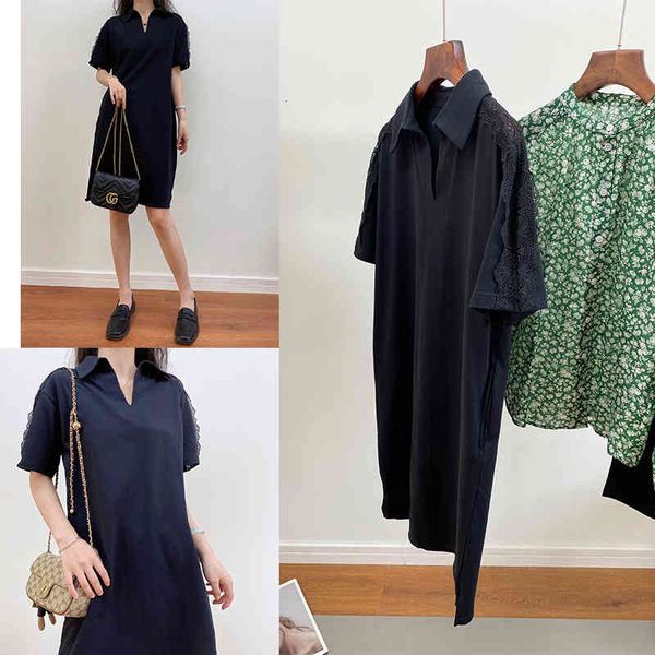 

casual dresses p120135 black cotton h-shaped lace stitching dress, Black;gray