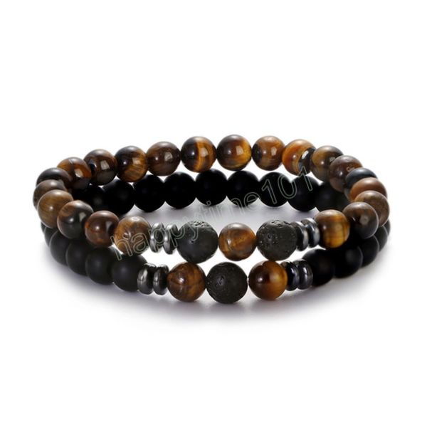 Set di braccialetti classici in pietra stagionata Trendy Tiger Eye Stone Coppie Bracciali Accessori per uomo Donna Gioielli in corda elastica