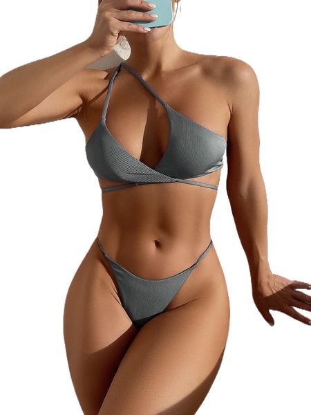 

rib wrap o.ne s.houlder b.ikini swimsuit s2ck#, White;black