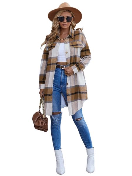 

plaid print drop shoulder overcoat f1sm#, Black