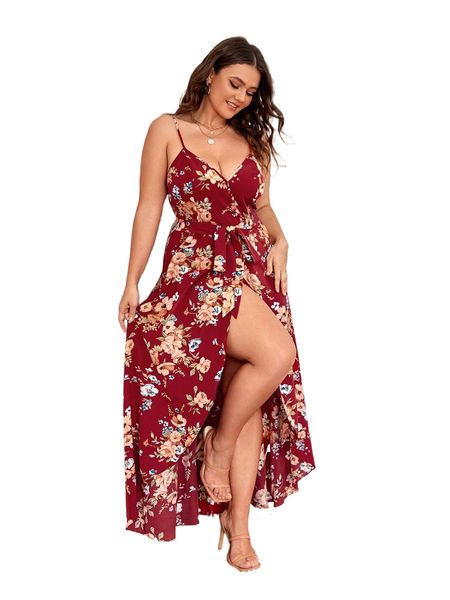 

plus floral print split thigh cami dress m9c4#, Black